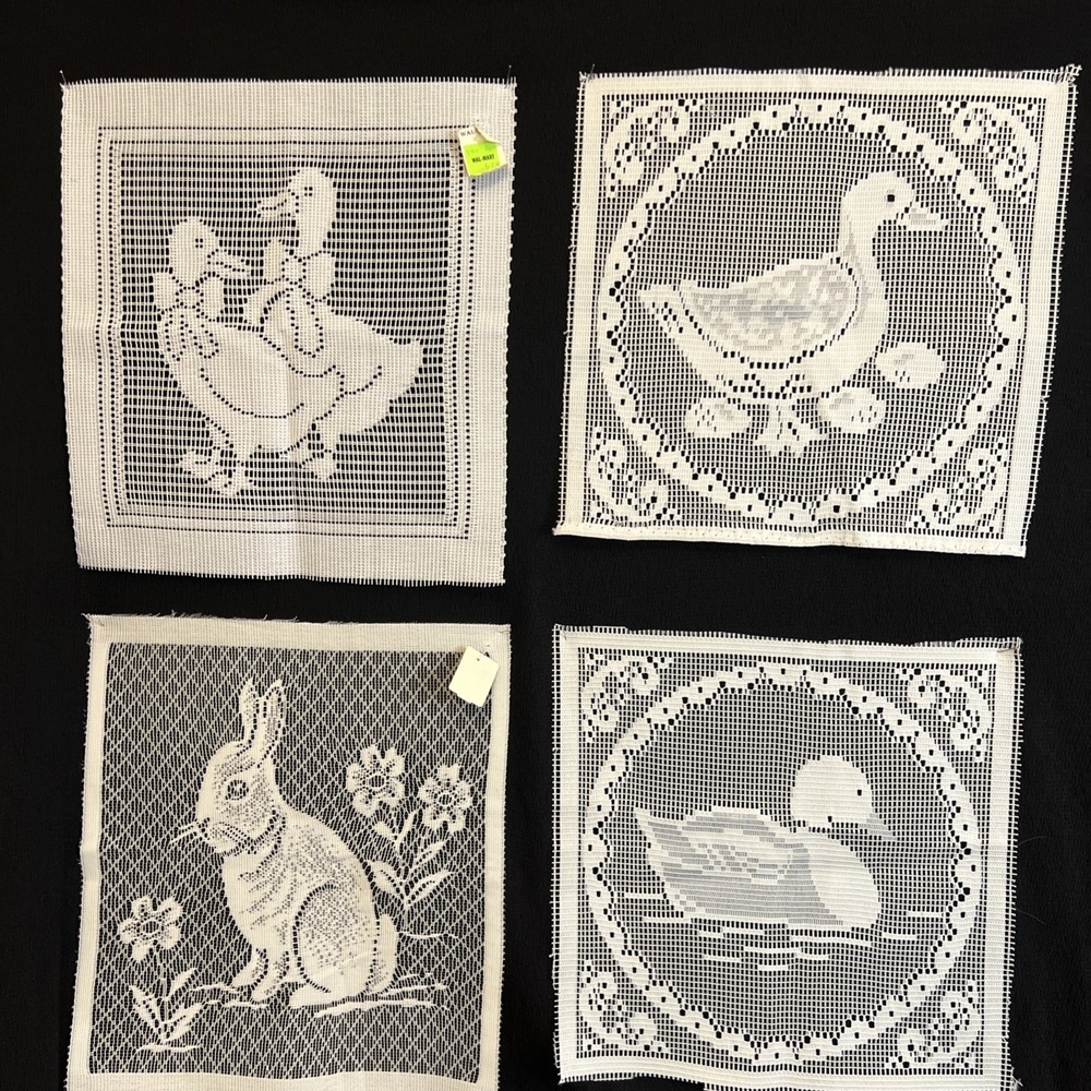 Vintage Filet Crochet Mesh Lace Ducks Geese Rabbits Panels Cottagecore Decor 4